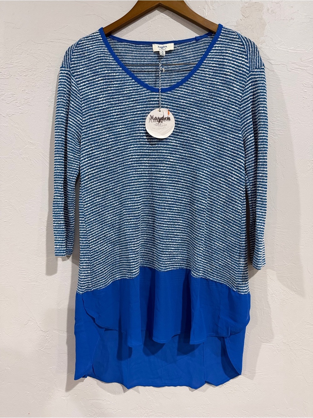 Hayden Los Angeles Blue Striped Mixed-Media High-Low Tunic Top